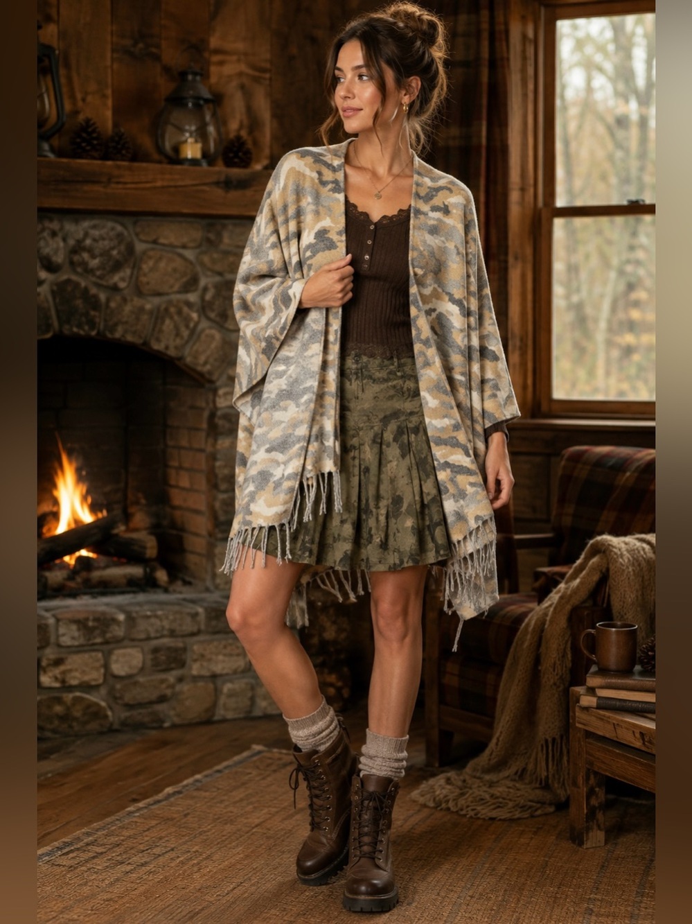 Camo Ruana Poncho Wrap Fringe Shawl Camo Beige Gray Open Front One Size
